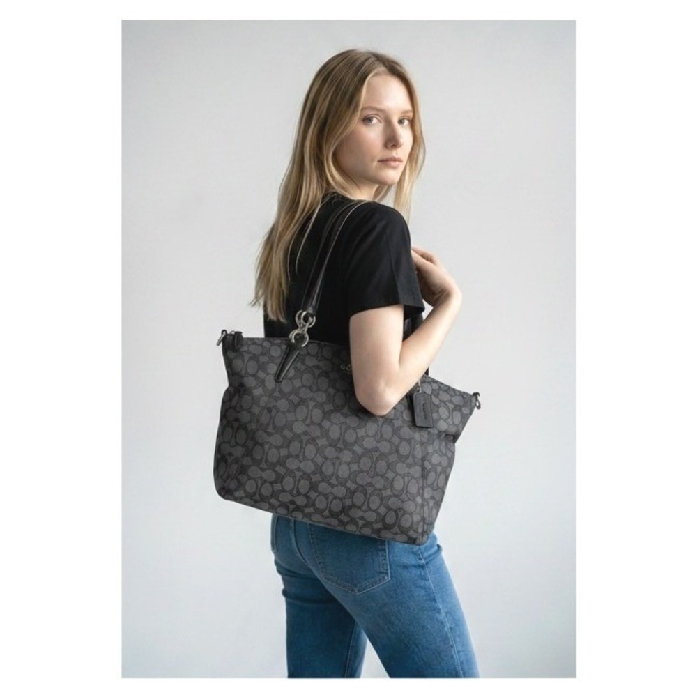 Coach Signature Canvas Tote Black Gray Zip Top Shoulder Bag Crossbody Strap - Picture 2 of 13